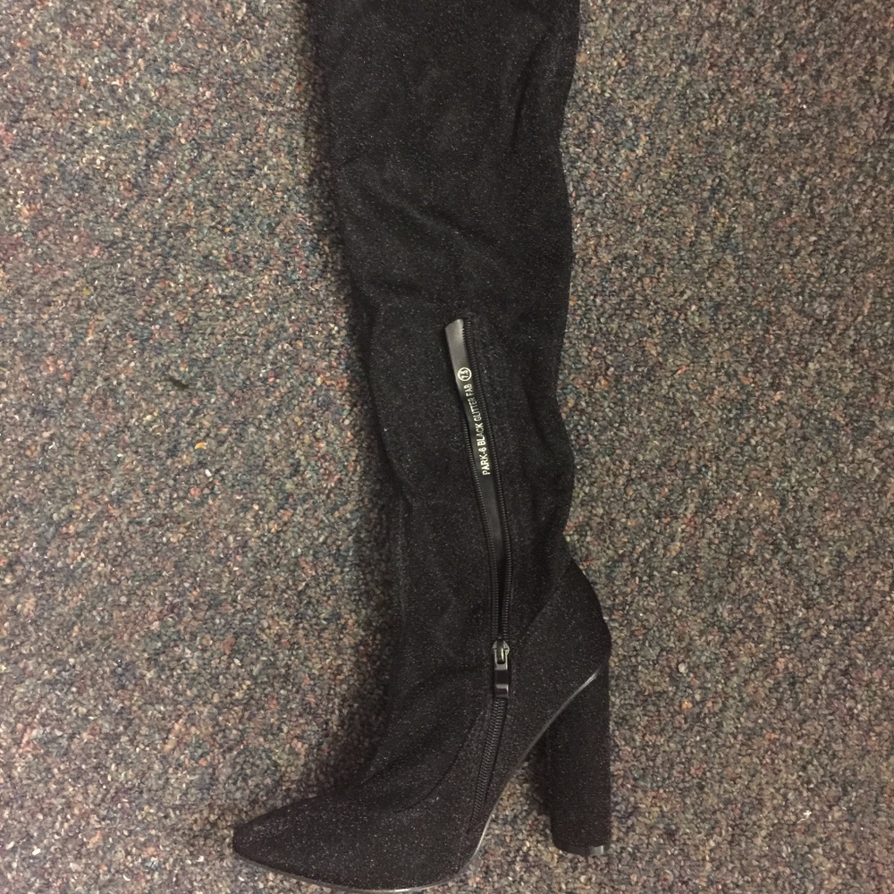 thigh high black shimmer heel boots